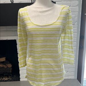 Ann Taylor Yellow and White Striped 3/4 Sleeve Top